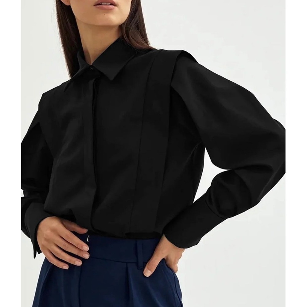 Commense Black Structured Shoulder Overlay Button Up Shirt Womens M Avant Garde
